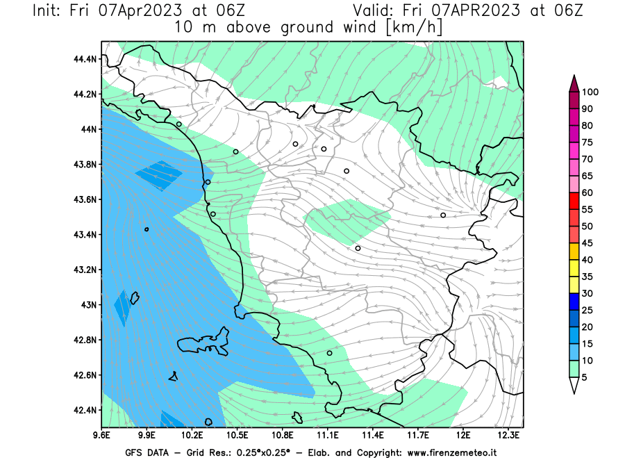 Mappa di analisi GFS - Velocità del vento a 10 metri dal suolo [km/h] in Toscana
							del 07/04/2023 06 <!--googleoff: index-->UTC<!--googleon: index-->
