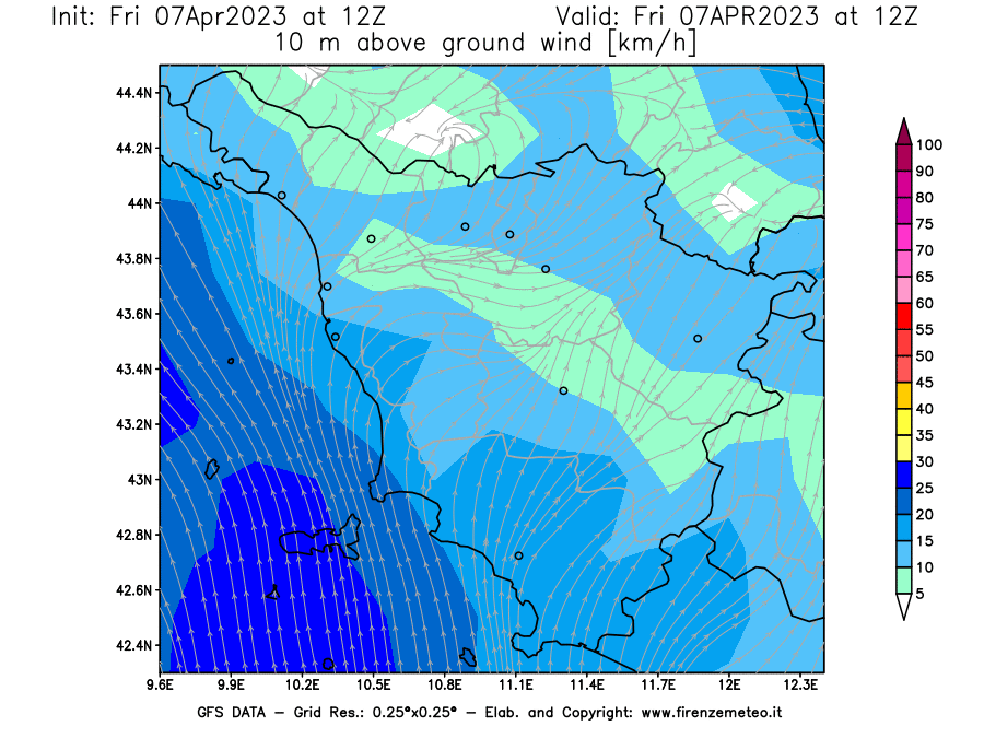 Mappa di analisi GFS - Velocità del vento a 10 metri dal suolo [km/h] in Toscana
							del 07/04/2023 12 <!--googleoff: index-->UTC<!--googleon: index-->