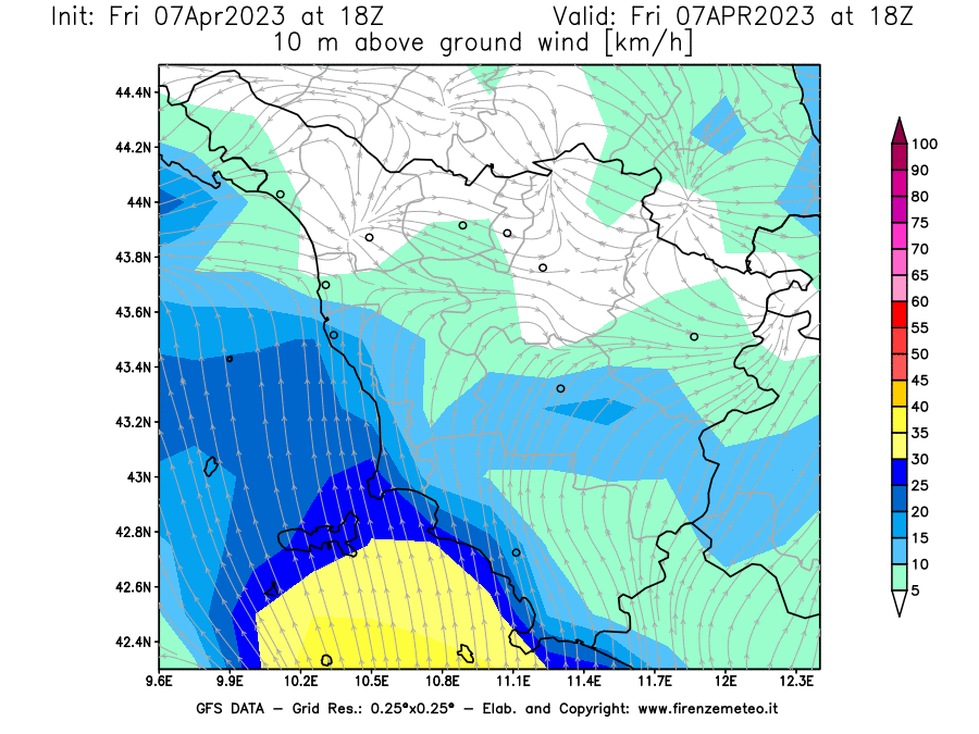 Mappa di analisi GFS - Velocità del vento a 10 metri dal suolo [km/h] in Toscana
							del 07/04/2023 18 <!--googleoff: index-->UTC<!--googleon: index-->