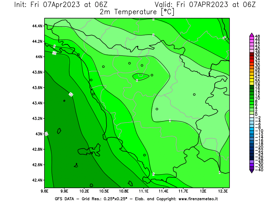 Mappa di analisi GFS - Temperatura a 2 metri dal suolo [°C] in Toscana
							del 07/04/2023 06 <!--googleoff: index-->UTC<!--googleon: index-->