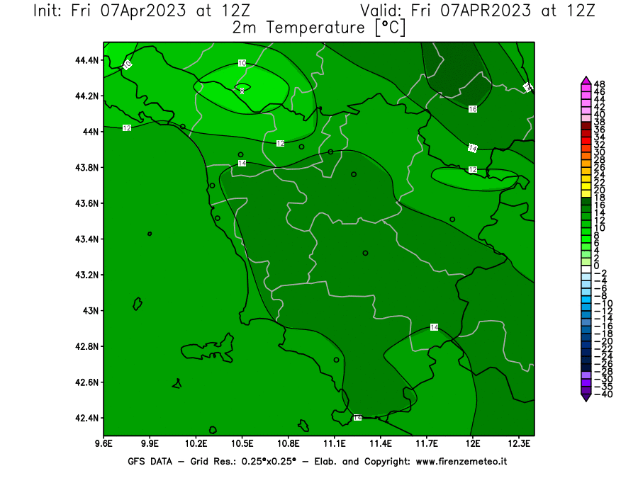 Mappa di analisi GFS - Temperatura a 2 metri dal suolo [°C] in Toscana
							del 07/04/2023 12 <!--googleoff: index-->UTC<!--googleon: index-->