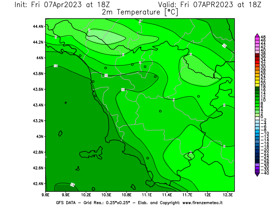 Mappa di analisi GFS - Temperatura a 2 metri dal suolo [°C] in Toscana
							del 07/04/2023 18 <!--googleoff: index-->UTC<!--googleon: index-->