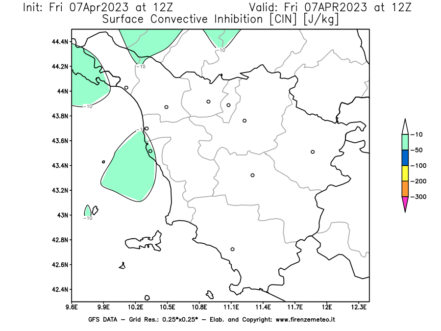 Mappa di analisi GFS - CIN [J/kg] in Toscana
							del 07/04/2023 12 <!--googleoff: index-->UTC<!--googleon: index-->