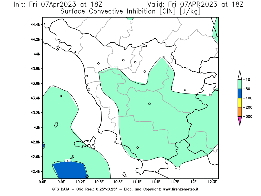 Mappa di analisi GFS - CIN [J/kg] in Toscana
							del 07/04/2023 18 <!--googleoff: index-->UTC<!--googleon: index-->