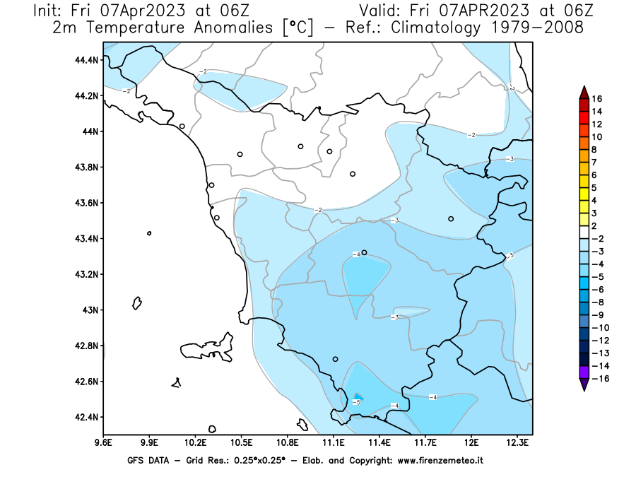 Mappa di analisi GFS - Anomalia Temperatura [°C] a 2 m in Toscana
							del 07/04/2023 06 <!--googleoff: index-->UTC<!--googleon: index-->