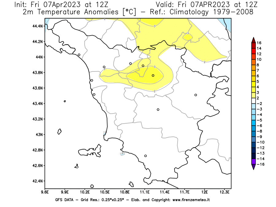 Mappa di analisi GFS - Anomalia Temperatura [°C] a 2 m in Toscana
							del 07/04/2023 12 <!--googleoff: index-->UTC<!--googleon: index-->
