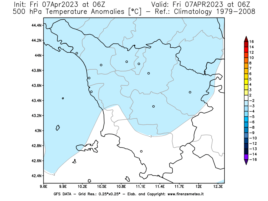 Mappa di analisi GFS - Anomalia Temperatura [°C] a 500 hPa in Toscana
							del 07/04/2023 06 <!--googleoff: index-->UTC<!--googleon: index-->