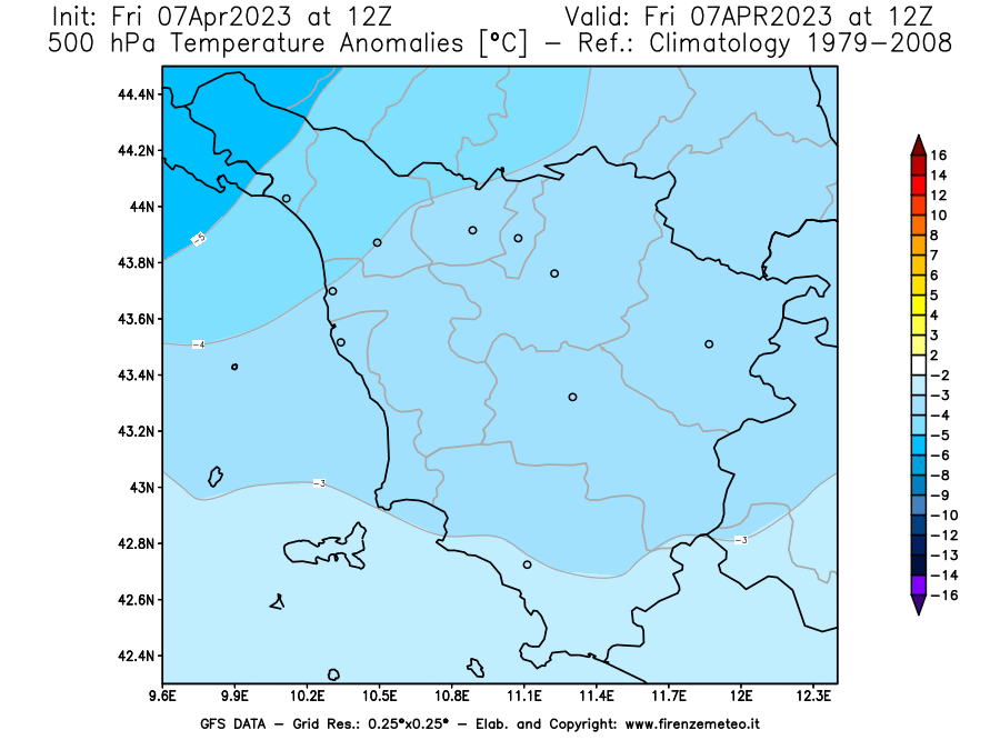 Mappa di analisi GFS - Anomalia Temperatura [°C] a 500 hPa in Toscana
							del 07/04/2023 12 <!--googleoff: index-->UTC<!--googleon: index-->