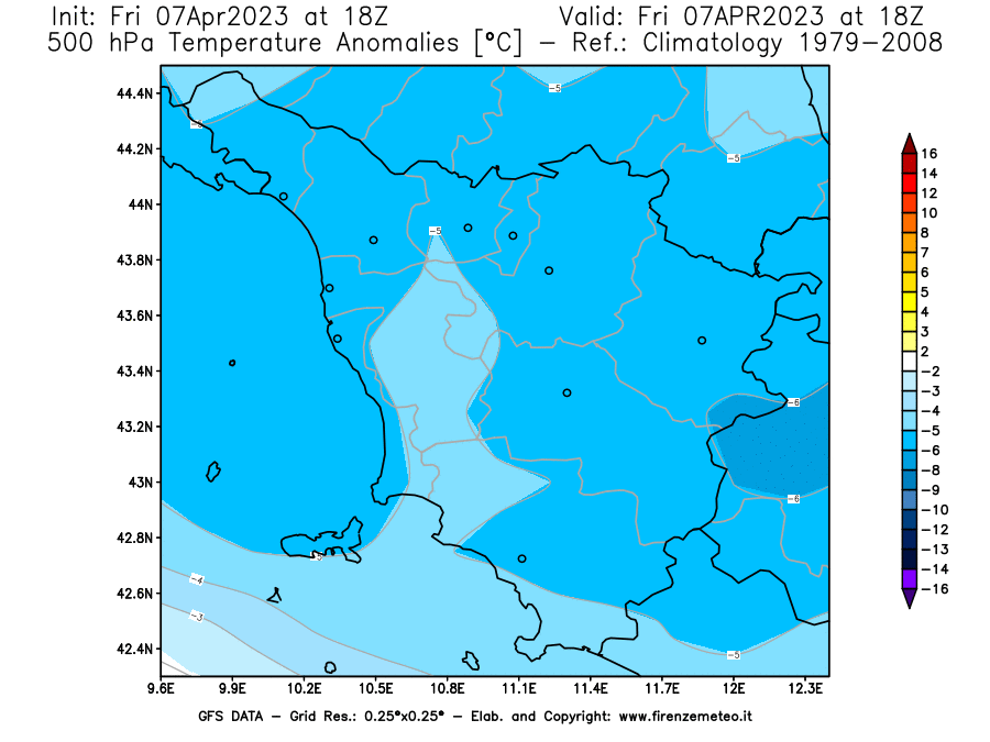 Mappa di analisi GFS - Anomalia Temperatura [°C] a 500 hPa in Toscana
							del 07/04/2023 18 <!--googleoff: index-->UTC<!--googleon: index-->