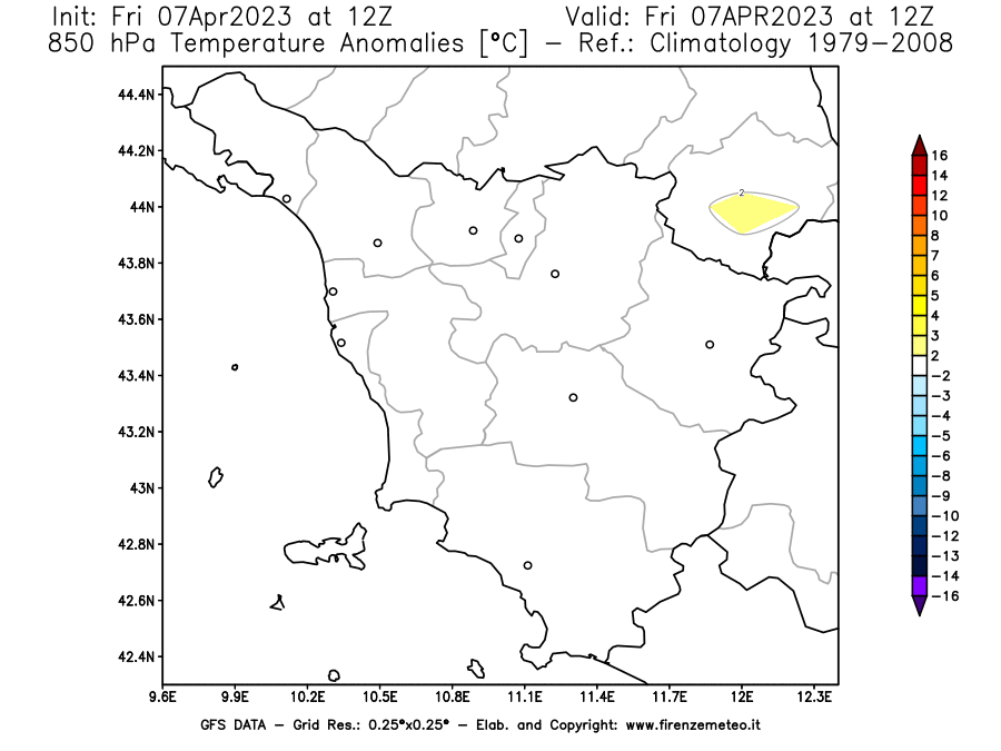 Mappa di analisi GFS - Anomalia Temperatura [°C] a 850 hPa in Toscana
							del 07/04/2023 12 <!--googleoff: index-->UTC<!--googleon: index-->