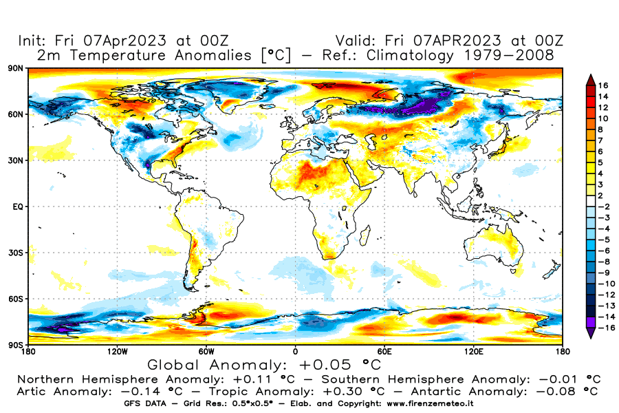 Mappa di analisi GFS - Anomalia Temperatura [°C] a 2 m in World
							del 07/04/2023 00 <!--googleoff: index-->UTC<!--googleon: index-->