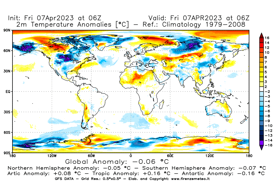 Mappa di analisi GFS - Anomalia Temperatura [°C] a 2 m in World
							del 07/04/2023 06 <!--googleoff: index-->UTC<!--googleon: index-->