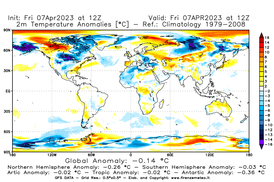 Mappa di analisi GFS - Anomalia Temperatura [°C] a 2 m in World
							del 07/04/2023 12 <!--googleoff: index-->UTC<!--googleon: index-->