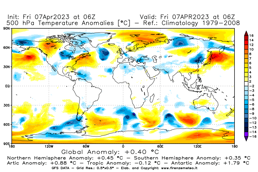 Mappa di analisi GFS - Anomalia Temperatura [°C] a 500 hPa in World
							del 07/04/2023 06 <!--googleoff: index-->UTC<!--googleon: index-->