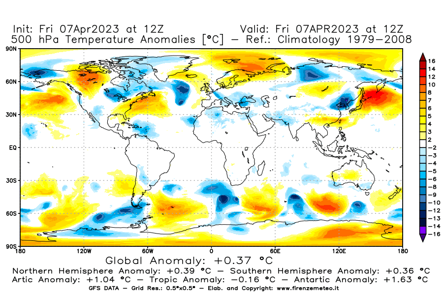 Mappa di analisi GFS - Anomalia Temperatura [°C] a 500 hPa in World
							del 07/04/2023 12 <!--googleoff: index-->UTC<!--googleon: index-->