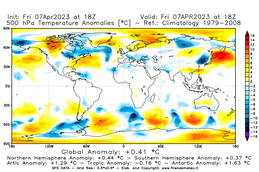 Mappa di analisi GFS - Anomalia Temperatura [°C] a 500 hPa in World
							del 07/04/2023 18 <!--googleoff: index-->UTC<!--googleon: index-->