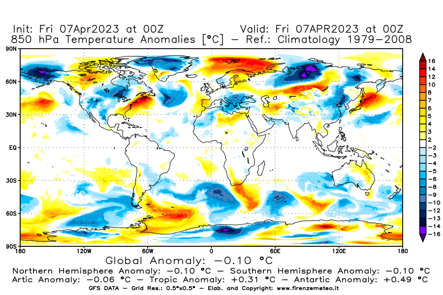 Mappa di analisi GFS - Anomalia Temperatura [°C] a 850 hPa in World
							del 07/04/2023 00 <!--googleoff: index-->UTC<!--googleon: index-->