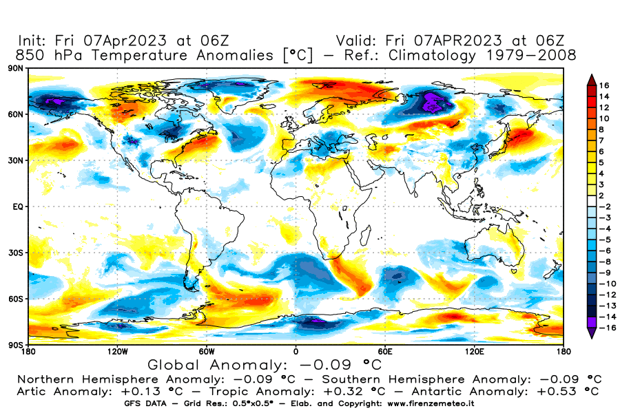Mappa di analisi GFS - Anomalia Temperatura [°C] a 850 hPa in World
							del 07/04/2023 06 <!--googleoff: index-->UTC<!--googleon: index-->