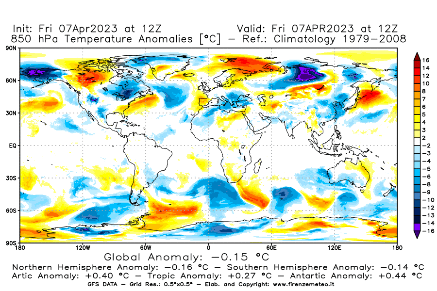 Mappa di analisi GFS - Anomalia Temperatura [°C] a 850 hPa in World
							del 07/04/2023 12 <!--googleoff: index-->UTC<!--googleon: index-->