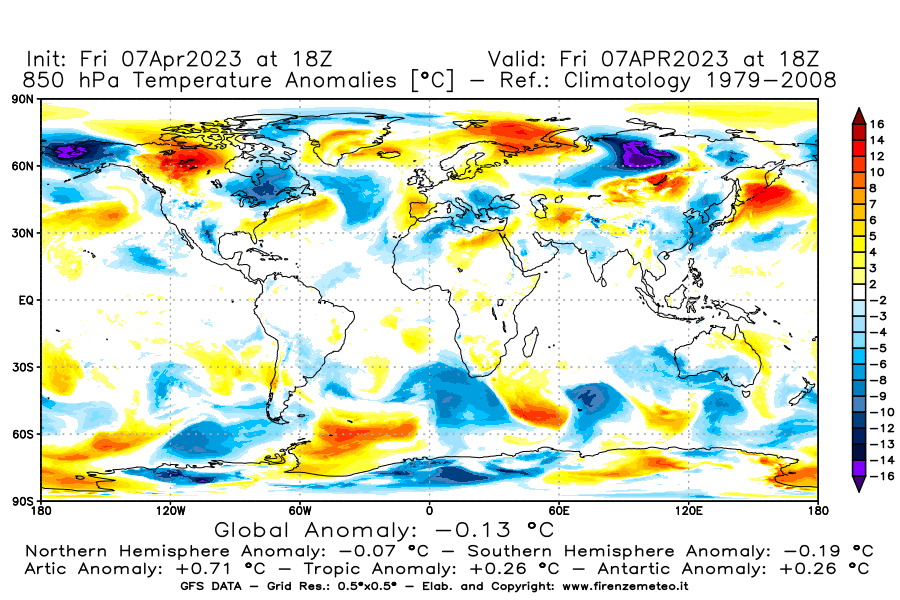 Mappa di analisi GFS - Anomalia Temperatura [°C] a 850 hPa in World
							del 07/04/2023 18 <!--googleoff: index-->UTC<!--googleon: index-->