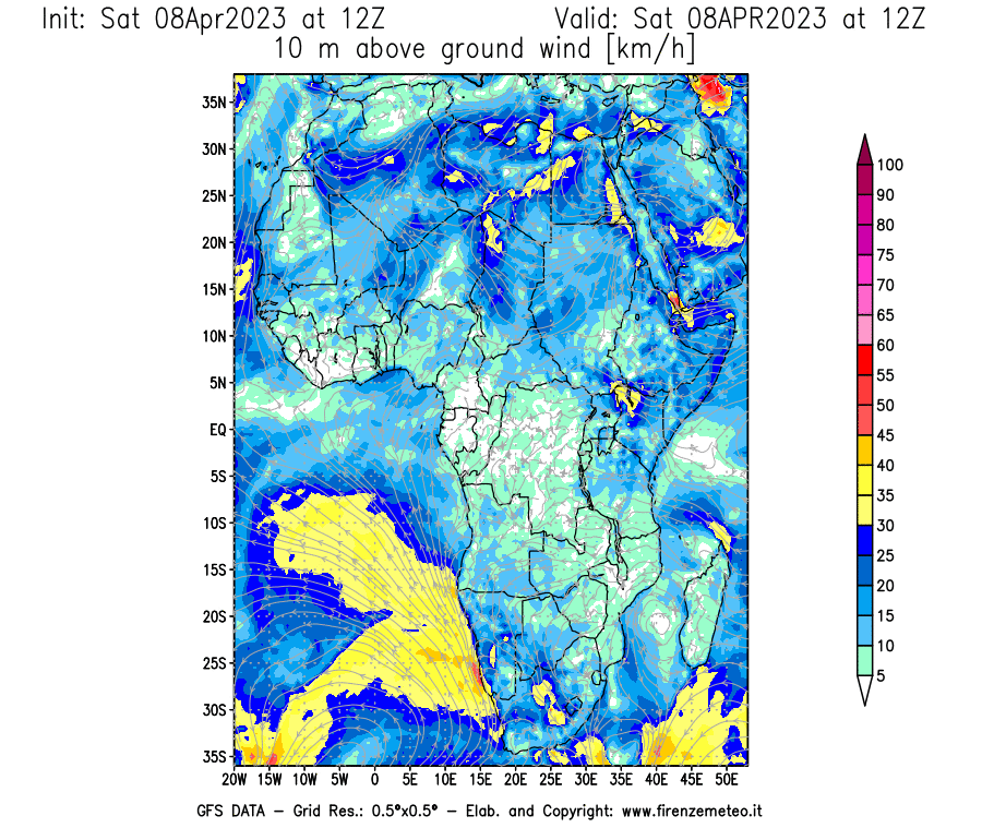 GFS analysi map - Wind Speed at 10 m above ground [km/h] in Africa
									on 08/04/2023 12 <!--googleoff: index-->UTC<!--googleon: index-->