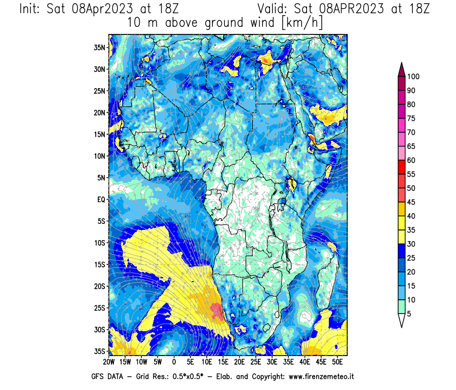 GFS analysi map - Wind Speed at 10 m above ground [km/h] in Africa
									on 08/04/2023 18 <!--googleoff: index-->UTC<!--googleon: index-->