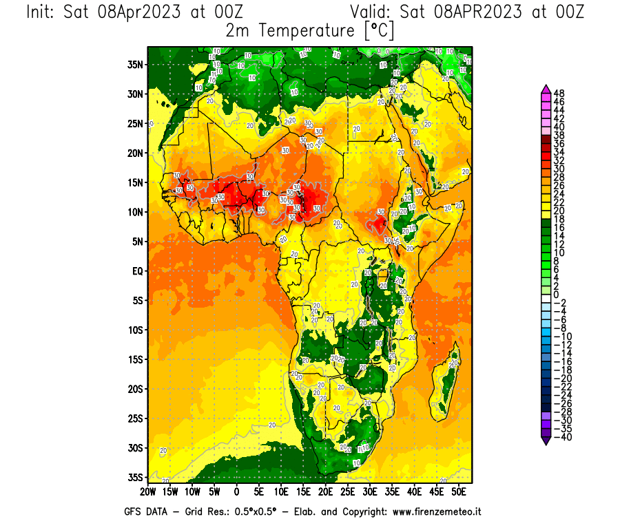 GFS analysi map - Temperature at 2 m above ground [°C] in Africa
									on 08/04/2023 00 <!--googleoff: index-->UTC<!--googleon: index-->