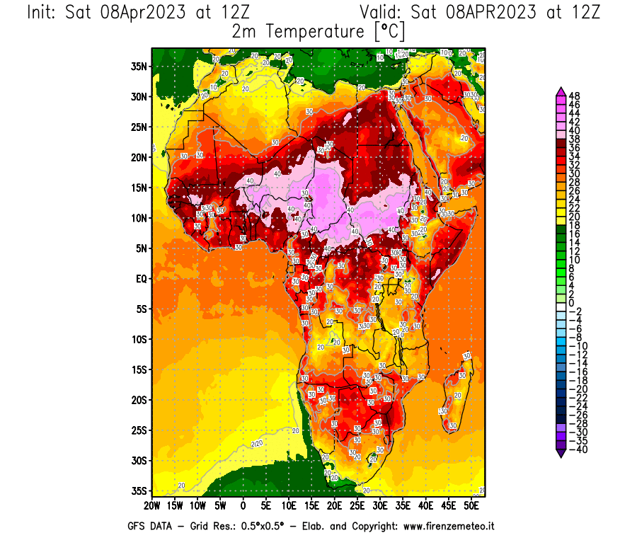 GFS analysi map - Temperature at 2 m above ground [°C] in Africa
									on 08/04/2023 12 <!--googleoff: index-->UTC<!--googleon: index-->