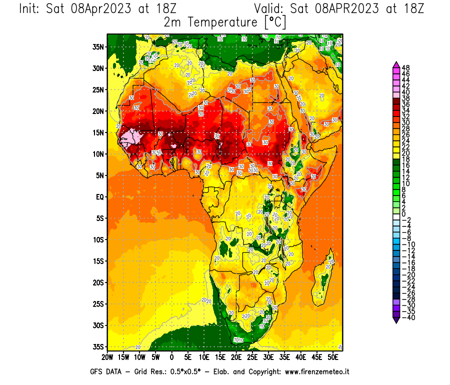 GFS analysi map - Temperature at 2 m above ground [°C] in Africa
									on 08/04/2023 18 <!--googleoff: index-->UTC<!--googleon: index-->