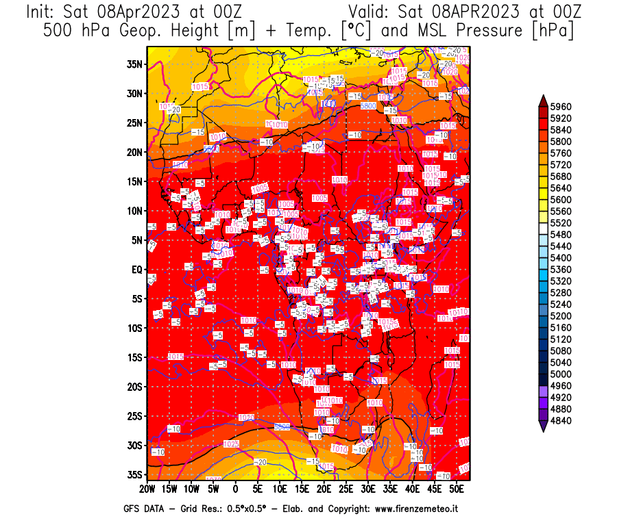 GFS analysi map - Geopotential [m] + Temp. [°C] at 500 hPa + Sea Level Pressure [hPa] in Africa
									on 08/04/2023 00 <!--googleoff: index-->UTC<!--googleon: index-->