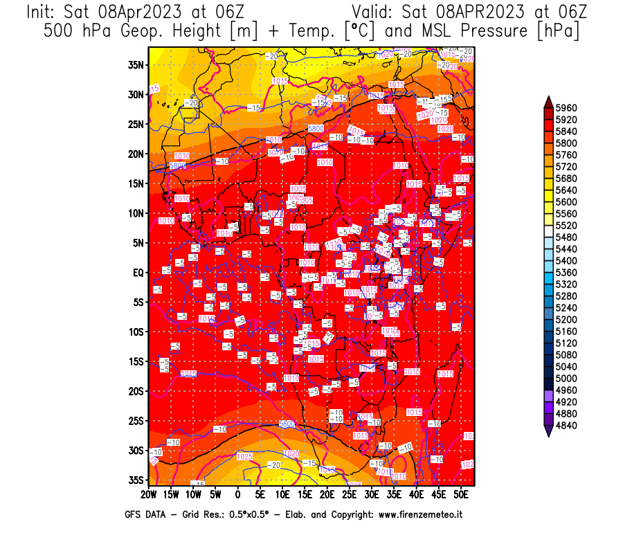 GFS analysi map - Geopotential [m] + Temp. [°C] at 500 hPa + Sea Level Pressure [hPa] in Africa
									on 08/04/2023 06 <!--googleoff: index-->UTC<!--googleon: index-->