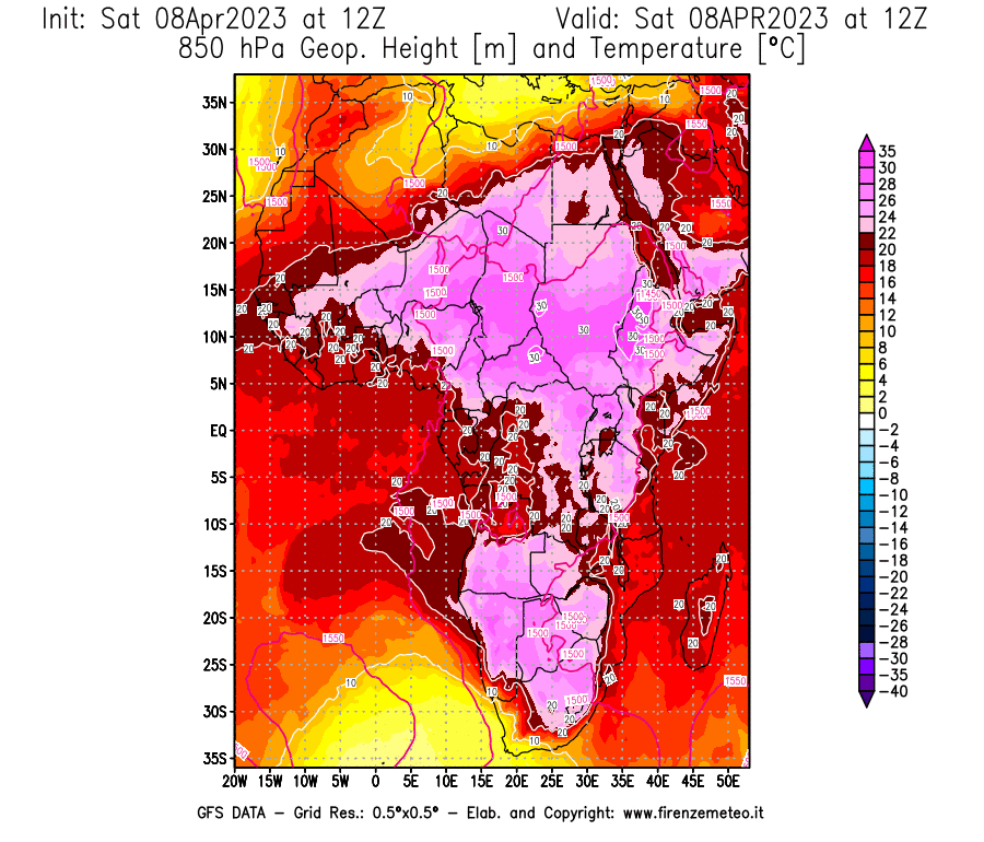 GFS analysi map - Geopotential [m] and Temperature [°C] at 850 hPa in Africa
									on 08/04/2023 12 <!--googleoff: index-->UTC<!--googleon: index-->
