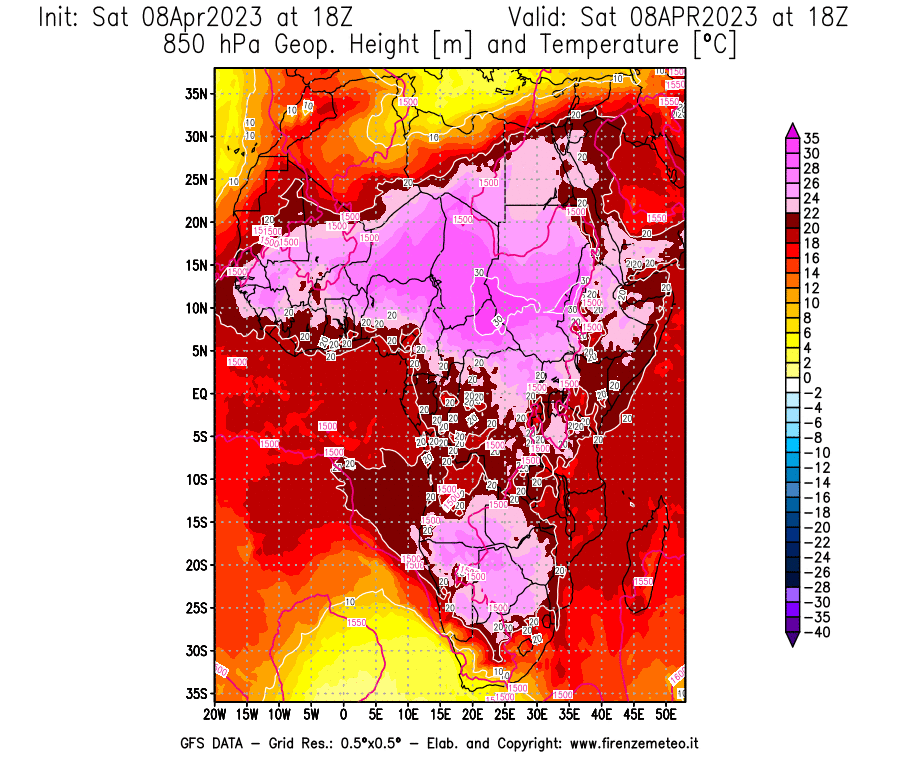 GFS analysi map - Geopotential [m] and Temperature [°C] at 850 hPa in Africa
									on 08/04/2023 18 <!--googleoff: index-->UTC<!--googleon: index-->