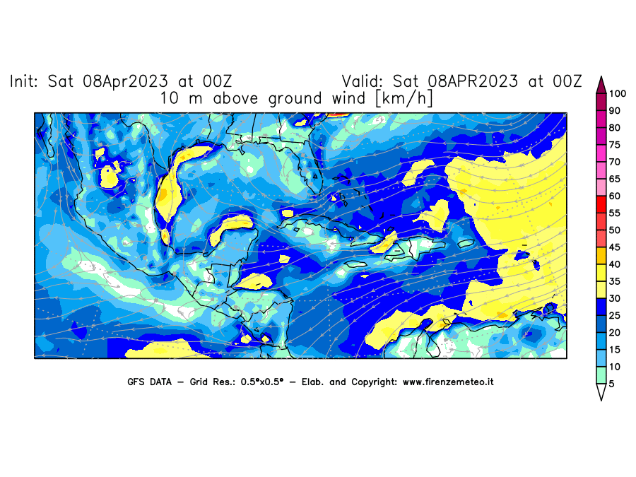 GFS analysi map - Wind Speed at 10 m above ground [km/h] in Central America
									on 08/04/2023 00 <!--googleoff: index-->UTC<!--googleon: index-->
