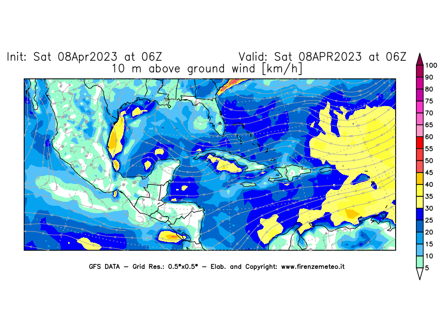 GFS analysi map - Wind Speed at 10 m above ground [km/h] in Central America
									on 08/04/2023 06 <!--googleoff: index-->UTC<!--googleon: index-->