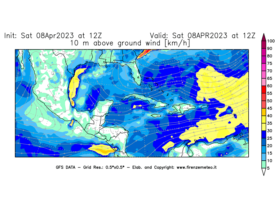 GFS analysi map - Wind Speed at 10 m above ground [km/h] in Central America
									on 08/04/2023 12 <!--googleoff: index-->UTC<!--googleon: index-->