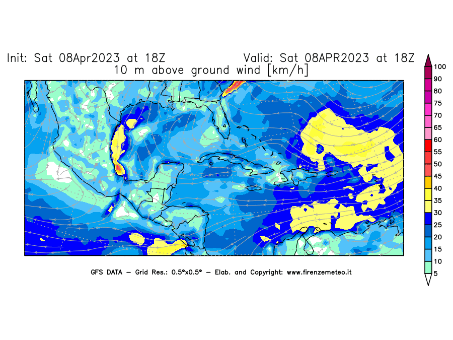 GFS analysi map - Wind Speed at 10 m above ground [km/h] in Central America
									on 08/04/2023 18 <!--googleoff: index-->UTC<!--googleon: index-->
