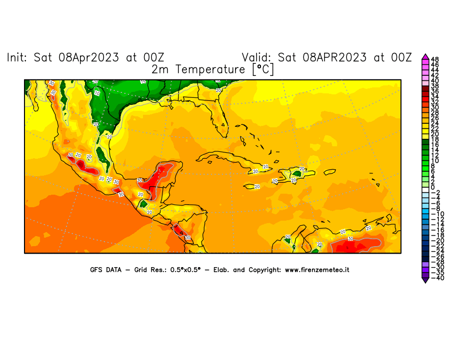 GFS analysi map - Temperature at 2 m above ground [°C] in Central America
									on 08/04/2023 00 <!--googleoff: index-->UTC<!--googleon: index-->