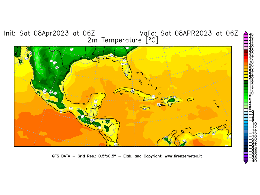 GFS analysi map - Temperature at 2 m above ground [°C] in Central America
									on 08/04/2023 06 <!--googleoff: index-->UTC<!--googleon: index-->