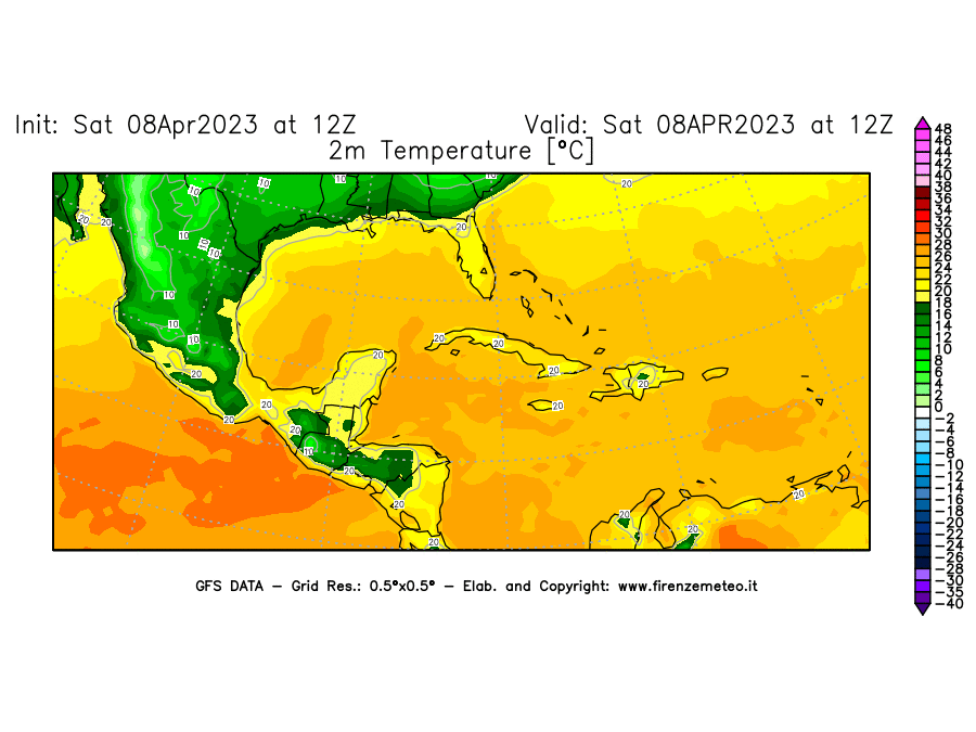 GFS analysi map - Temperature at 2 m above ground [°C] in Central America
									on 08/04/2023 12 <!--googleoff: index-->UTC<!--googleon: index-->