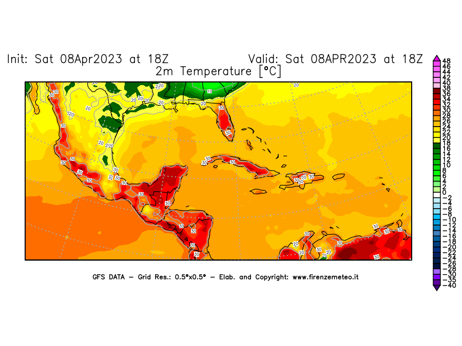 GFS analysi map - Temperature at 2 m above ground [°C] in Central America
									on 08/04/2023 18 <!--googleoff: index-->UTC<!--googleon: index-->