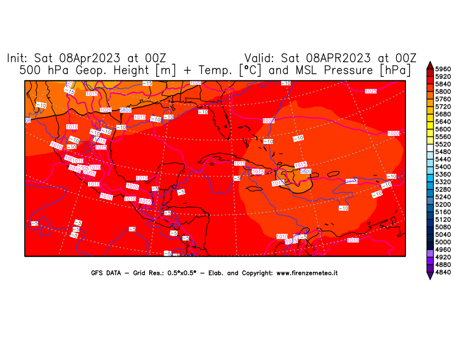 GFS analysi map - Geopotential [m] + Temp. [°C] at 500 hPa + Sea Level Pressure [hPa] in Central America
									on 08/04/2023 00 <!--googleoff: index-->UTC<!--googleon: index-->