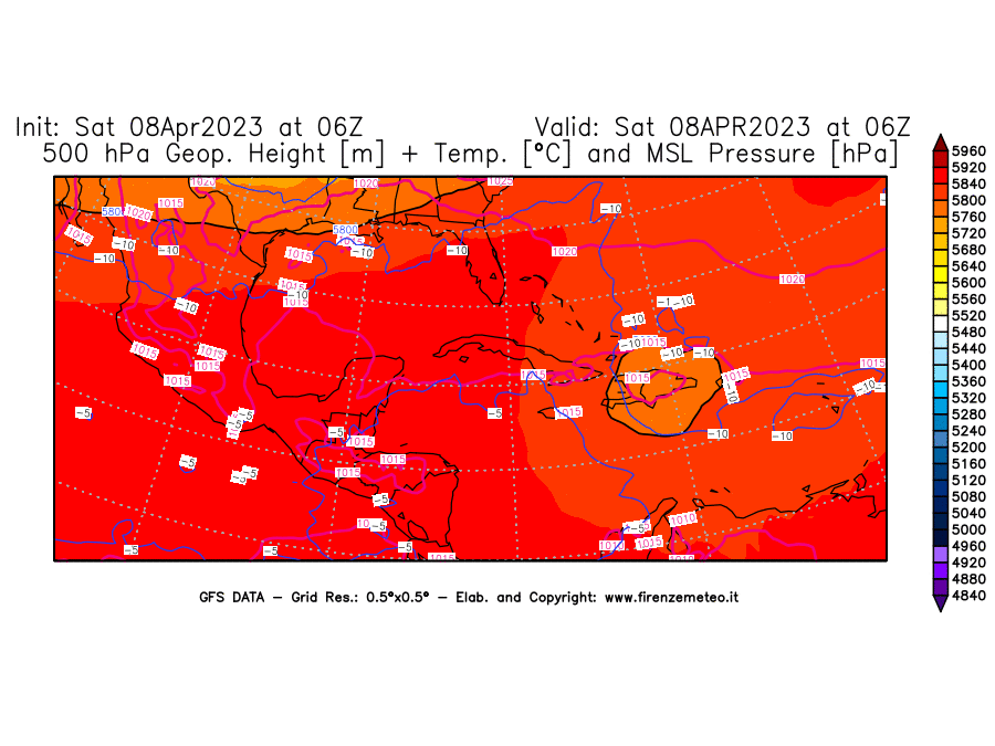 GFS analysi map - Geopotential [m] + Temp. [°C] at 500 hPa + Sea Level Pressure [hPa] in Central America
									on 08/04/2023 06 <!--googleoff: index-->UTC<!--googleon: index-->