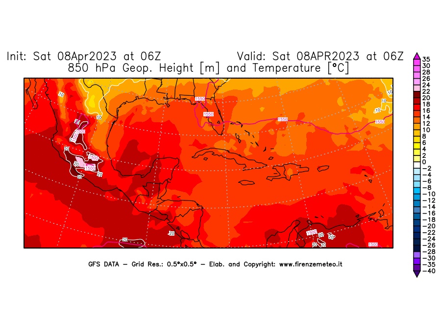 GFS analysi map - Geopotential [m] and Temperature [°C] at 850 hPa in Central America
									on 08/04/2023 06 <!--googleoff: index-->UTC<!--googleon: index-->