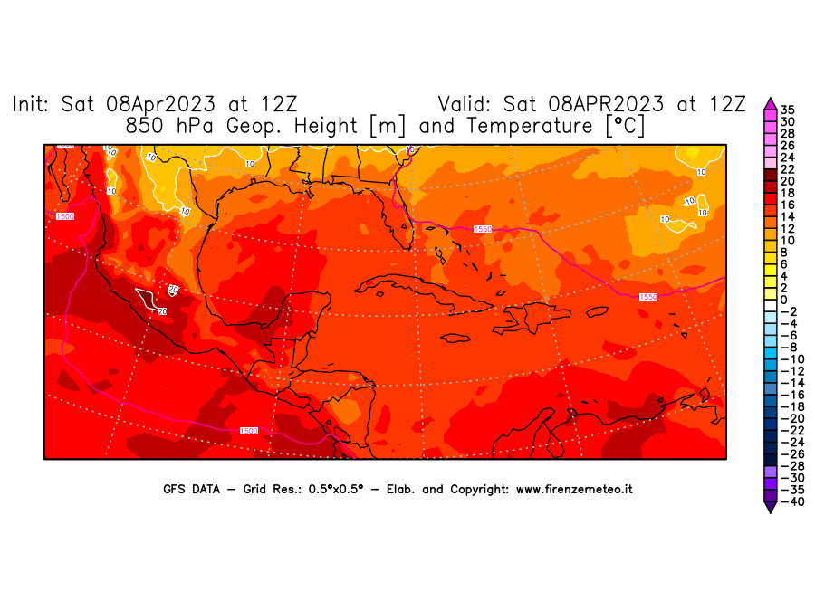 GFS analysi map - Geopotential [m] and Temperature [°C] at 850 hPa in Central America
									on 08/04/2023 12 <!--googleoff: index-->UTC<!--googleon: index-->
