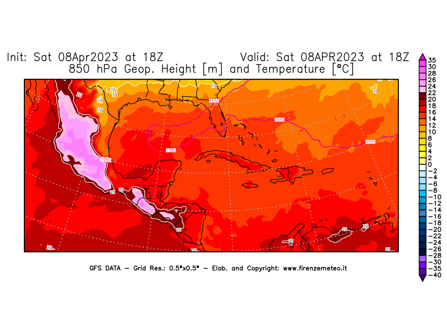 GFS analysi map - Geopotential [m] and Temperature [°C] at 850 hPa in Central America
									on 08/04/2023 18 <!--googleoff: index-->UTC<!--googleon: index-->