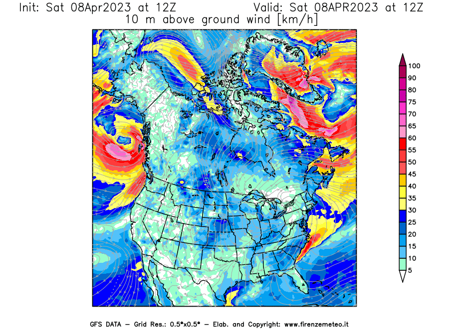 GFS analysi map - Wind Speed at 10 m above ground [km/h] in North America
									on 08/04/2023 12 <!--googleoff: index-->UTC<!--googleon: index-->