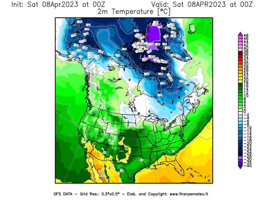 GFS analysi map - Temperature at 2 m above ground [°C] in North America
									on 08/04/2023 00 <!--googleoff: index-->UTC<!--googleon: index-->
