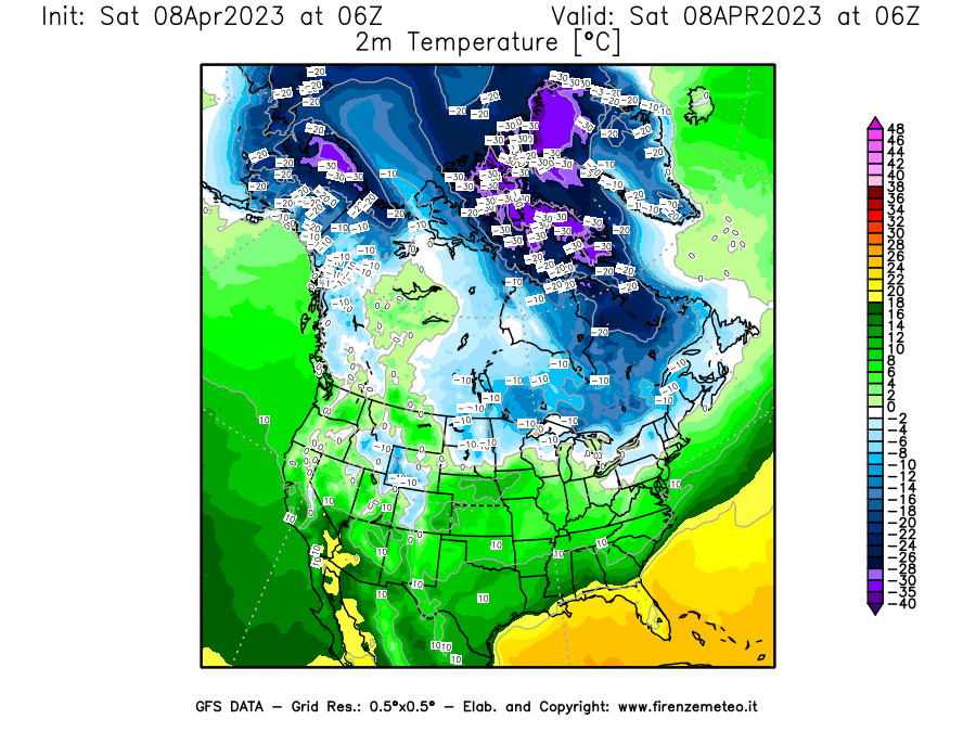 GFS analysi map - Temperature at 2 m above ground [°C] in North America
									on 08/04/2023 06 <!--googleoff: index-->UTC<!--googleon: index-->