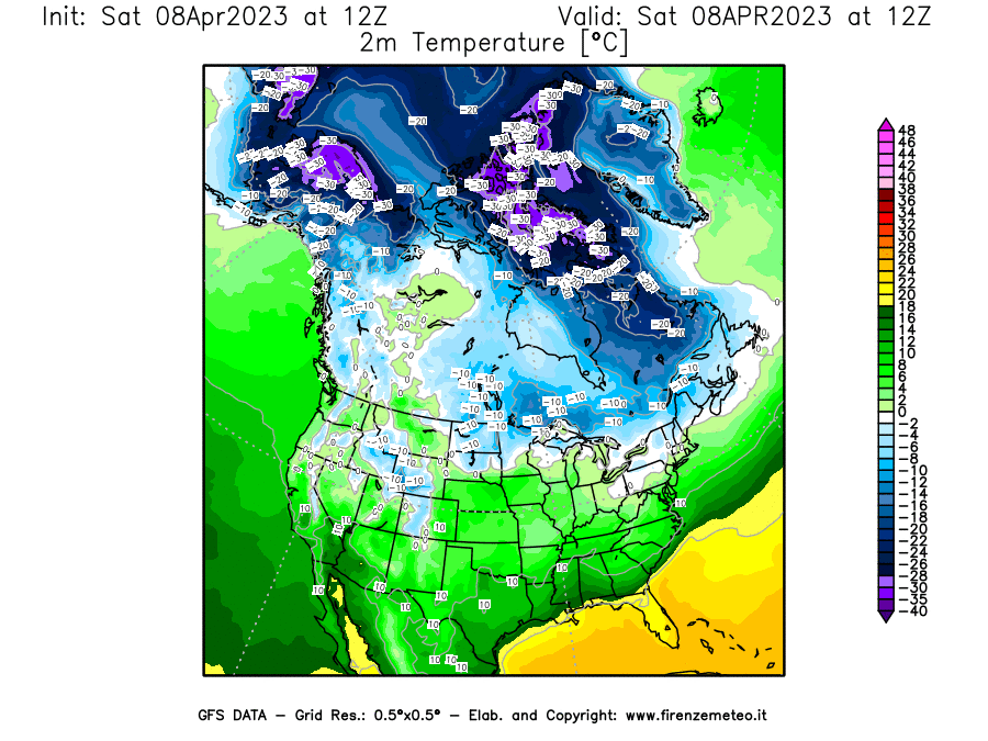 GFS analysi map - Temperature at 2 m above ground [°C] in North America
									on 08/04/2023 12 <!--googleoff: index-->UTC<!--googleon: index-->